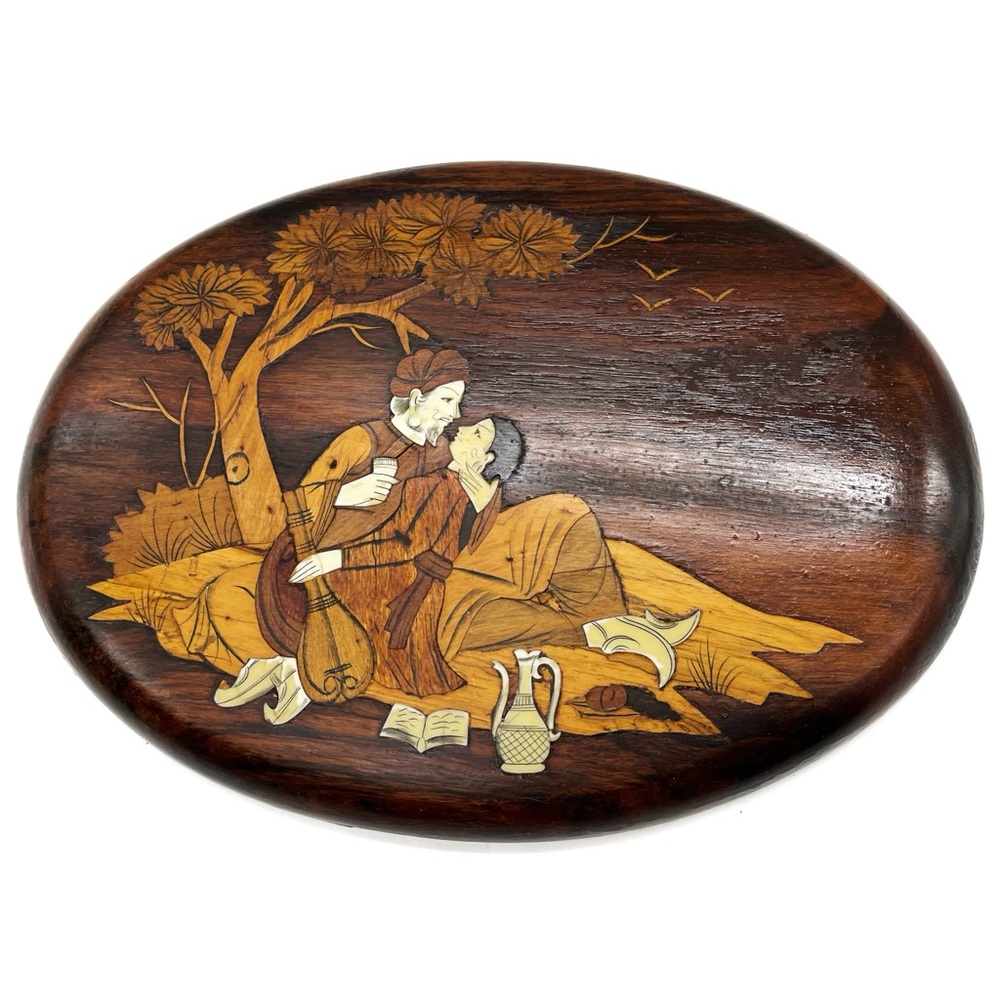 Indian Rosewood Wall Plaque Inlaid Wood Marquetry Panel BOHO Decor Wall Art
